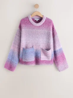 Spacedye rose/violet - Pull col rond bouclé en laine