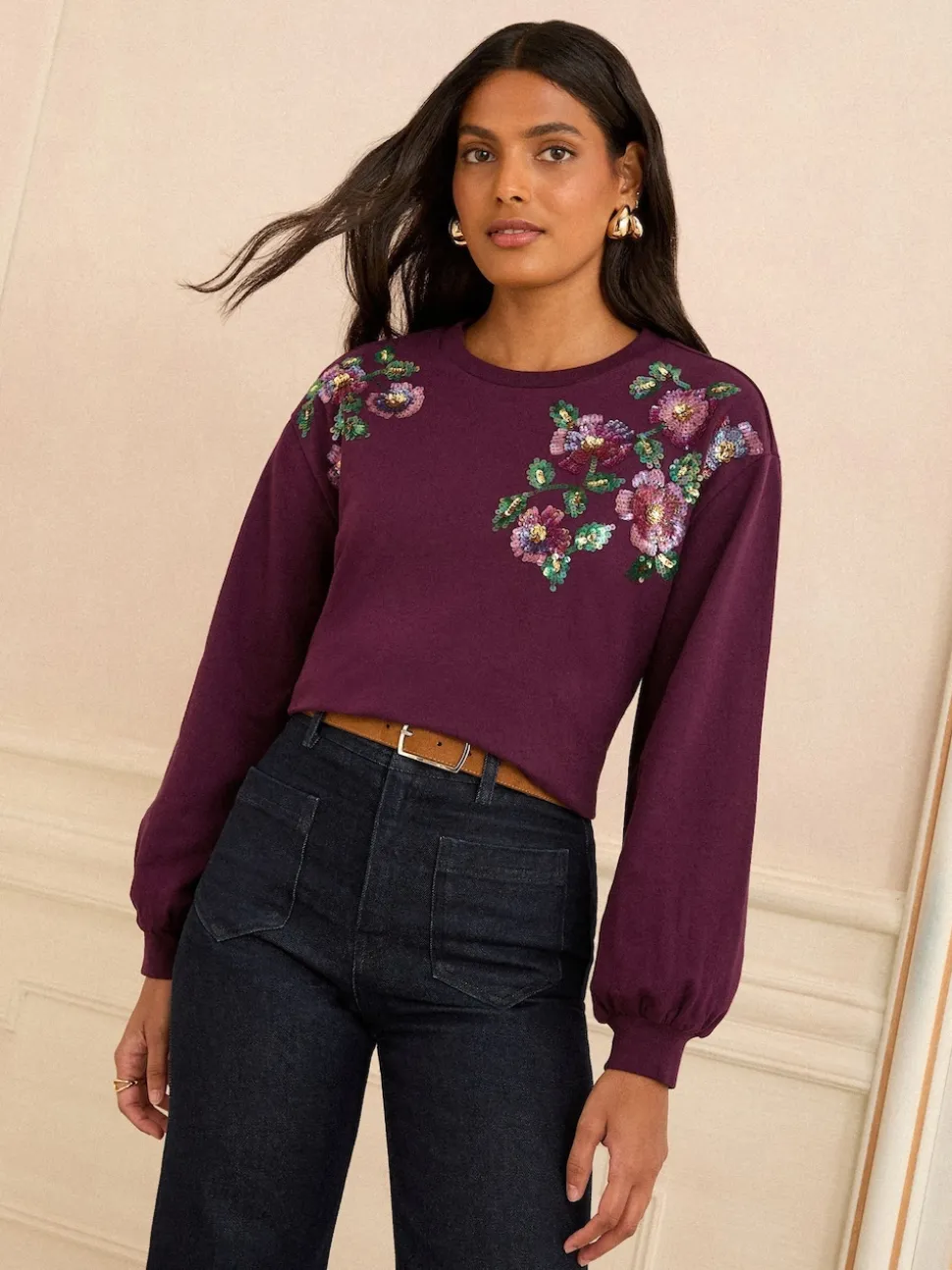 Sweat Love & Roses en jersey à sequins à col ras du cou