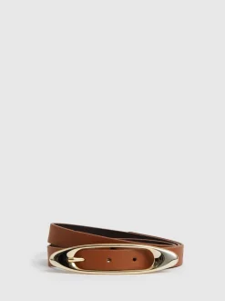 Tan - Ceinture à boucle ovale en cuir Reiss Evelina