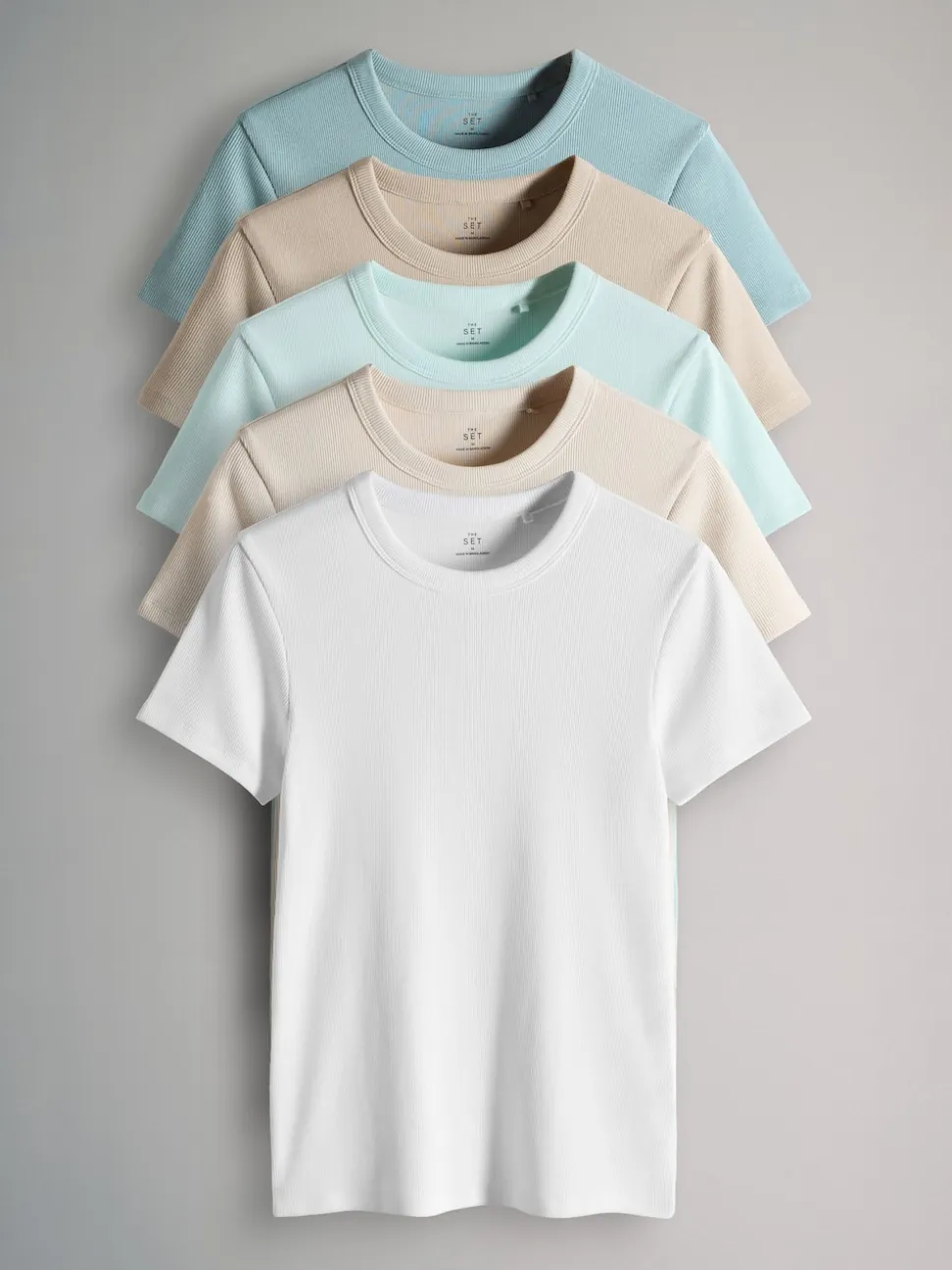 Taupe marron/marron clair/bleu/bleu clair/crème - The Set lot de 5 t-shirts côtelés à manches courtes