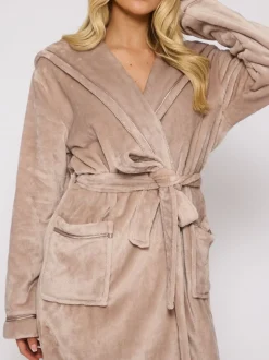 Taupe (Taupe) - Peignoir Loungeable longue luxueuse à capuche en polaire avec ruban de Noël