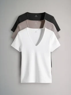 The Set lot de 3 t-shirts côtelés Col en V Manches