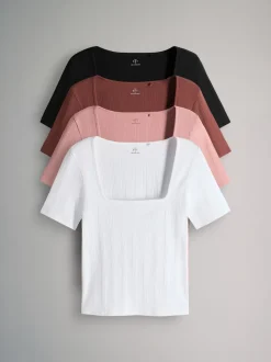 The Set lot de 4 T-shirts texturés côtelés à manches mi-longues à col carré