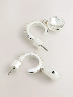 Tonalité argentée - Boucles d’oreilles créoles pavées en pierre carrée