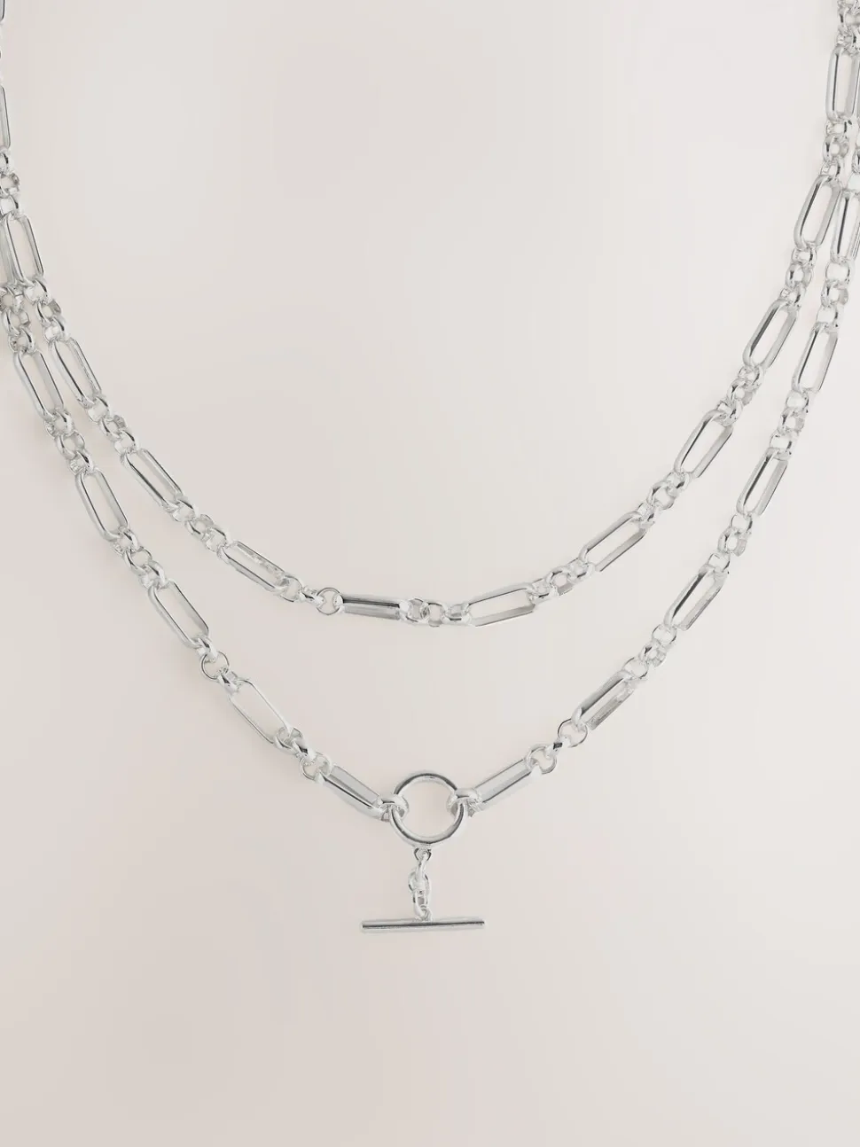 Tonalité argentée - Collier chaîne avec barre en T 2 couches