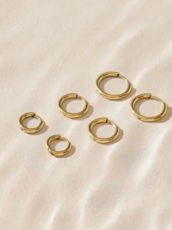Tonalité d'or - Boucles d'oreilles Huggie Hoop en acier inoxydable 3 Lot