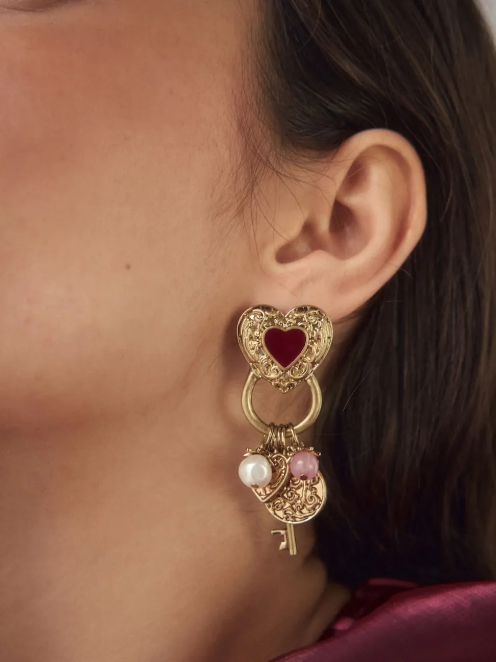 Tonalité d'or - Boucles d’oreilles Cœur Charm Cluster