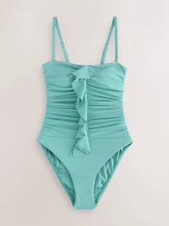 Turquoise Blue - Maillot de bain bandeau à volants avec contrôle du ventre