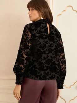 Velours Tissu dévoré Noir - Chemisier Love & Roses manches longues à nœud lavallière