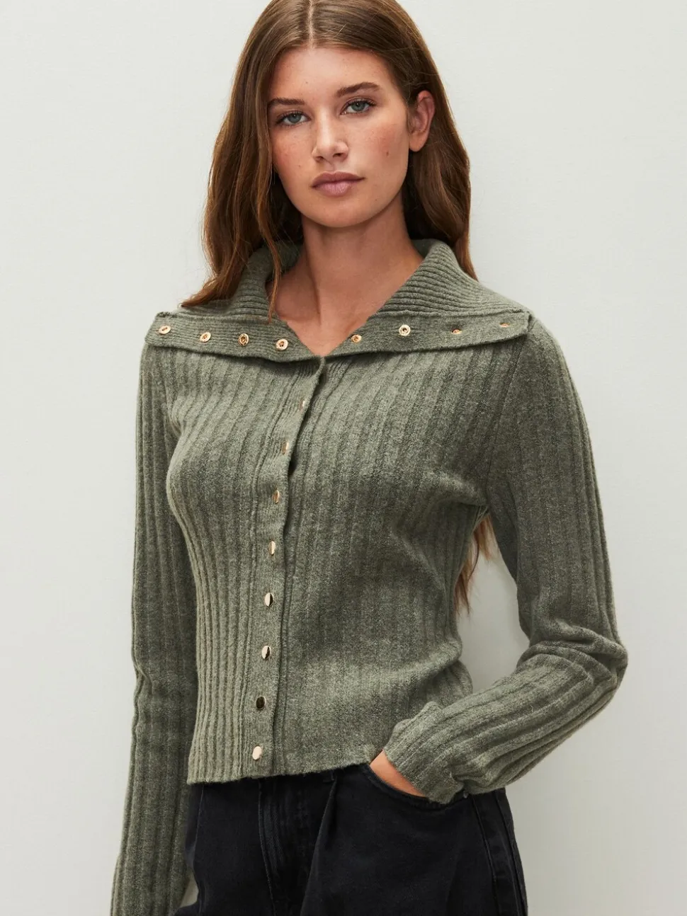 vert - Cardigan Or à col côtelé à boutons
