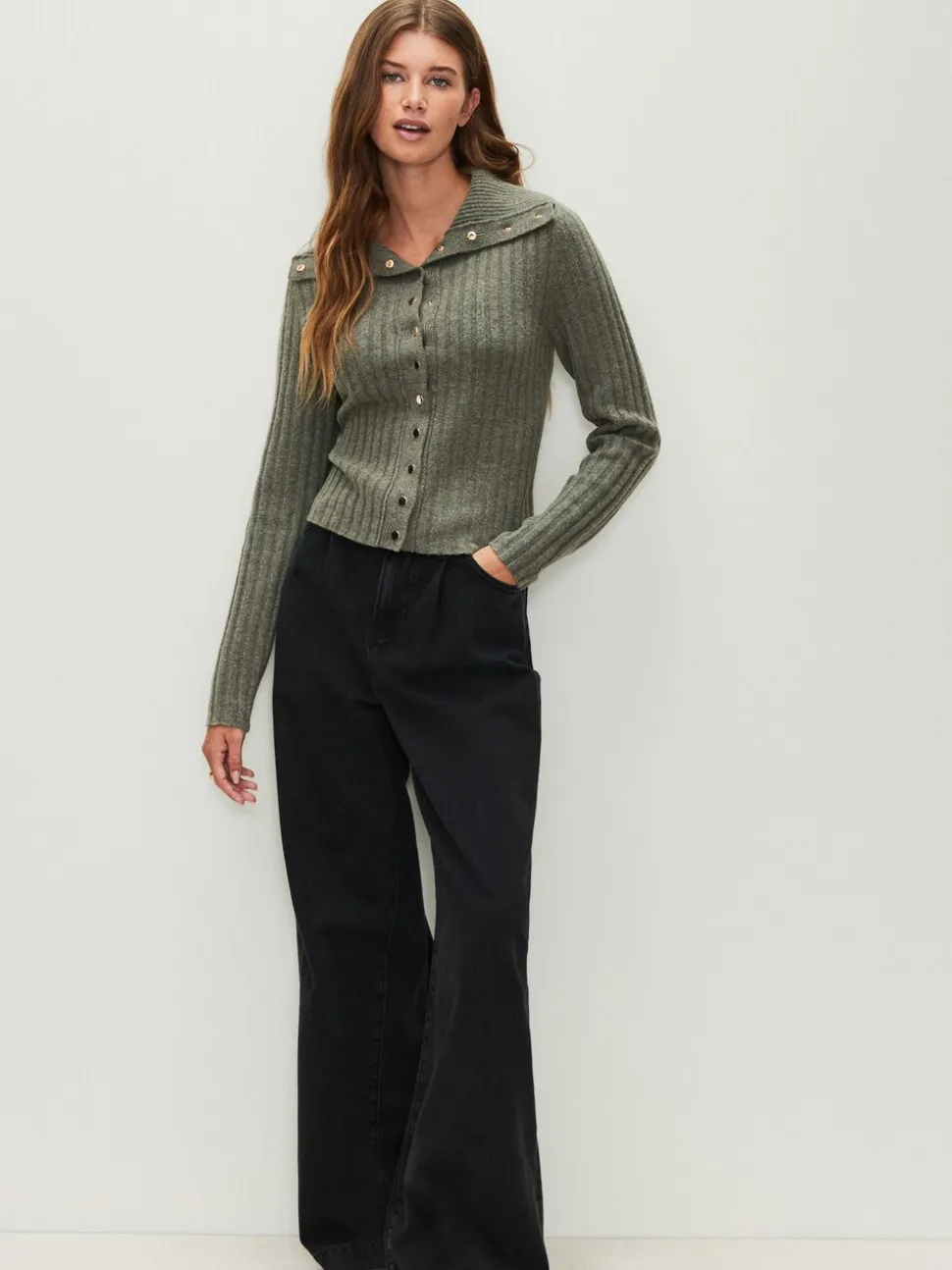 vert - Cardigan Or à col côtelé à boutons