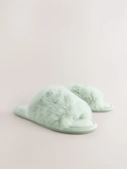 Vert à la menthe - Chaussons curseurs doublés de fausse fourrure