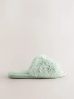 Vert à la menthe - Chaussons curseurs doublés de fausse fourrure