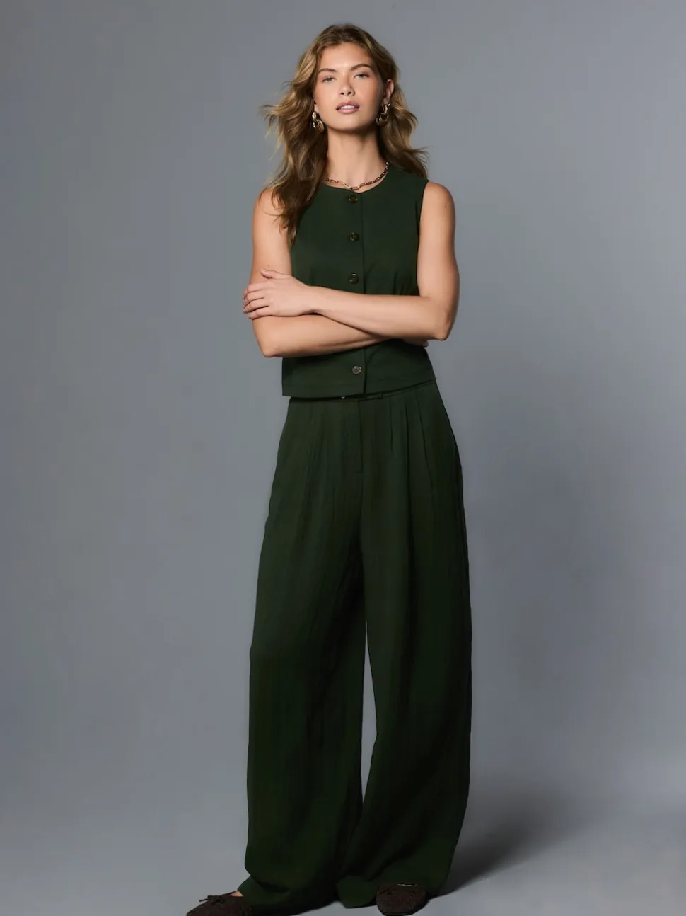 Vert - Pantalon plissé ultra-large