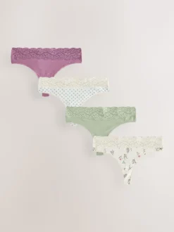 Vert à petites fleurs - Lot de 4 culottes en coton et dentelle