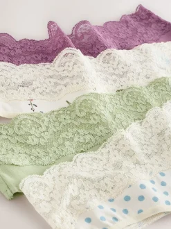 Vert à petites fleurs - Lot de 4 culottes en coton et dentelle