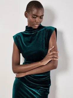 Vert - Robe froncée à col bénitier en velours Apricot