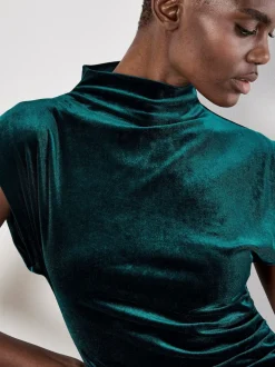 Vert - Robe froncée à col bénitier en velours Apricot