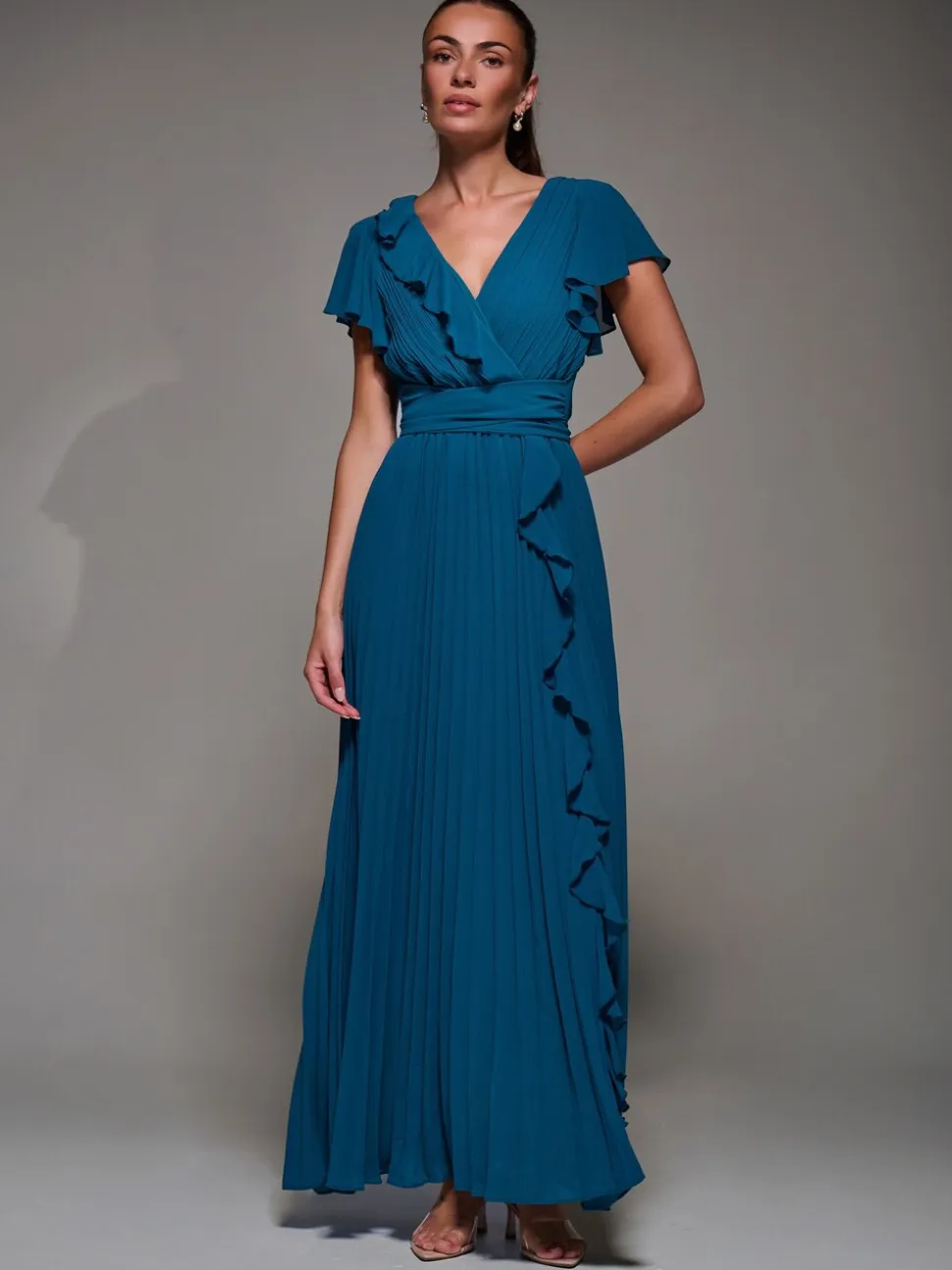 Vert - Robe longue Jolie Moi en mousseline plissée à volants