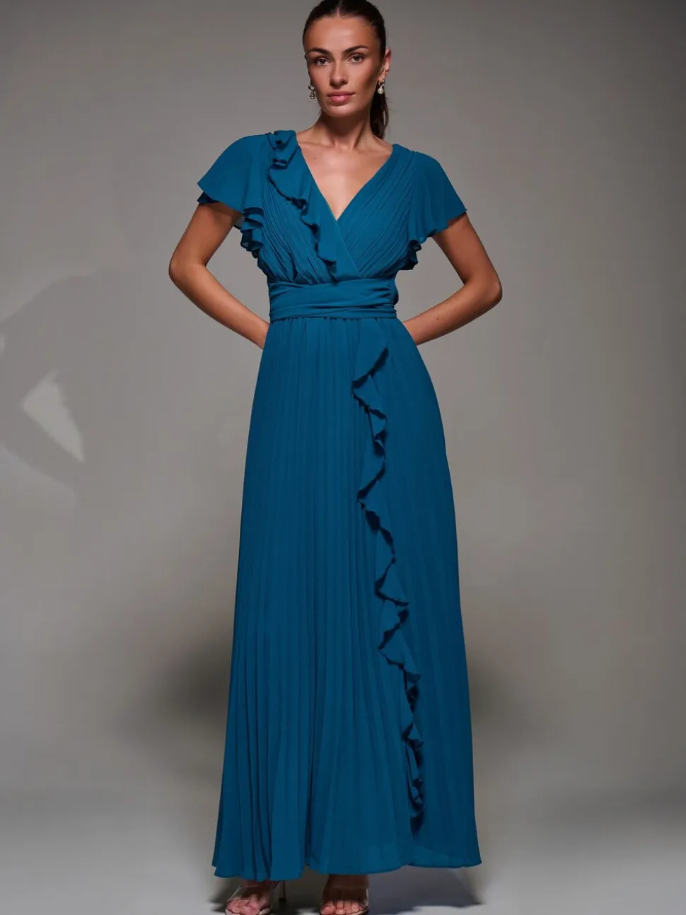 Vert - Robe longue Jolie Moi en mousseline plissée à volants