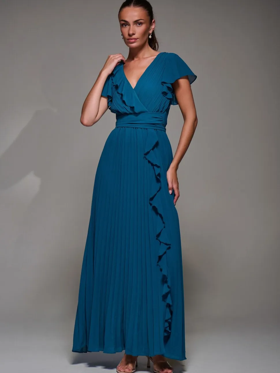 Vert - Robe longue Jolie Moi en mousseline plissée à volants