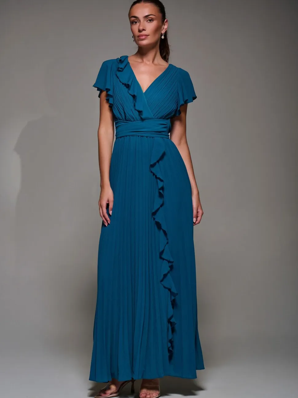 Vert - Robe longue Jolie Moi en mousseline plissée à volants