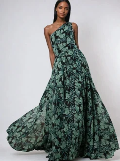 Vert - robe longue Religion une épaule avec jupe complète