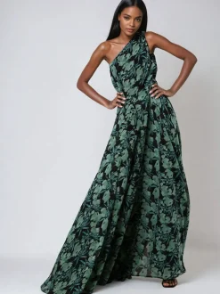 Vert - robe longue Religion une épaule avec jupe complète