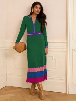 Vert - Robe mi-longue Love & Roses en maille à encolure crantée