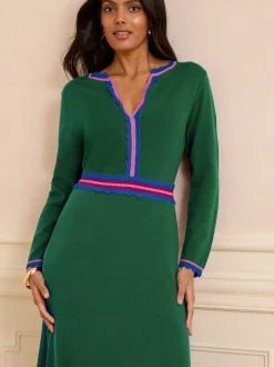 Vert - Robe mi-longue Love & Roses en maille à encolure crantée