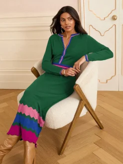 Vert - Robe mi-longue Love & Roses en maille à encolure crantée