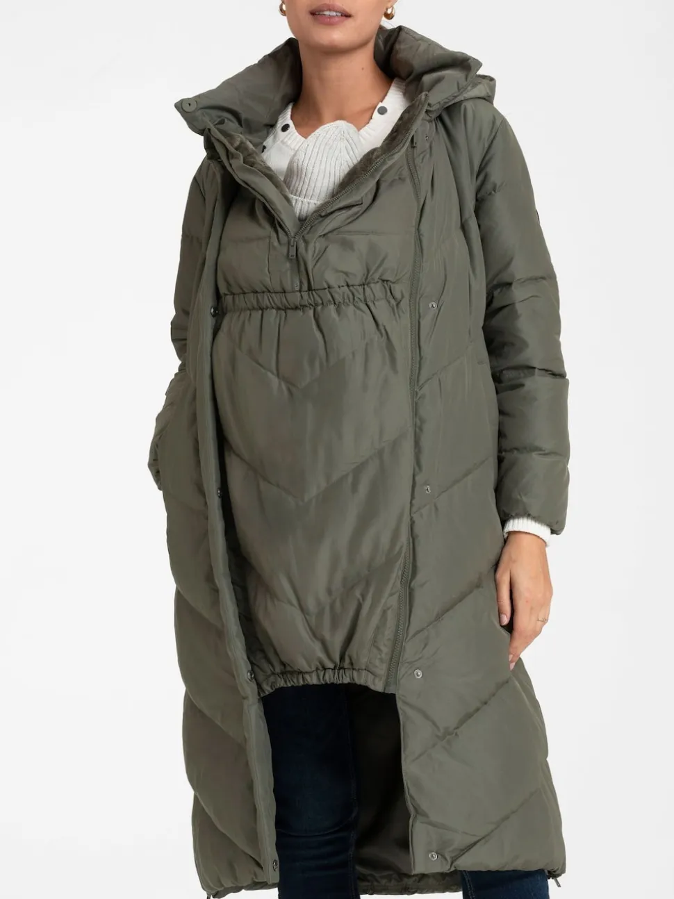 Vert - Seraphine 3-en-1 Long manteau Grossesse à chevrons