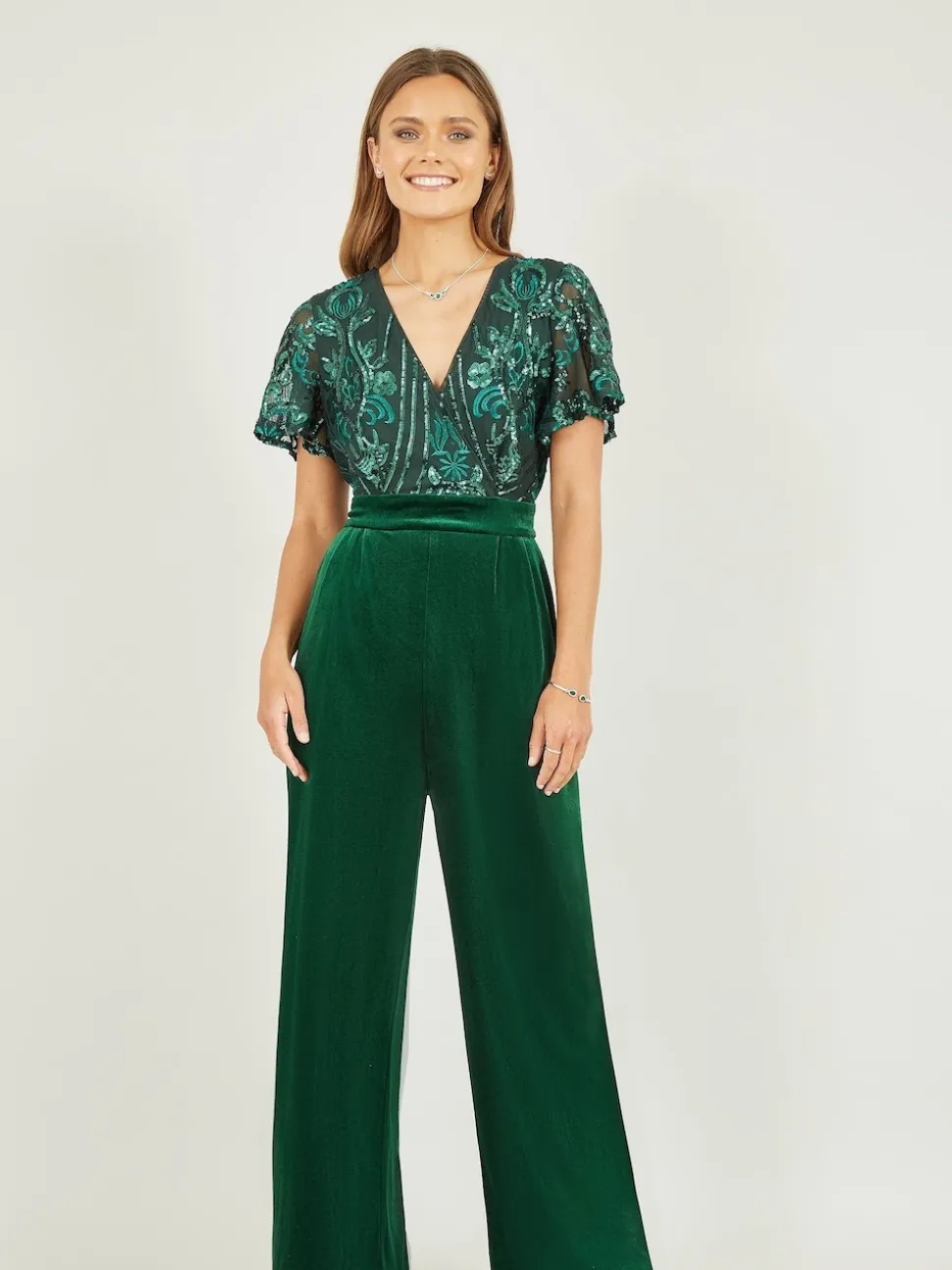 Vert - Yumi Combinaison en velours ornée de sequins avec manches d’ange