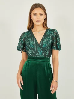 Vert - Yumi Combinaison en velours ornée de sequins avec manches d’ange