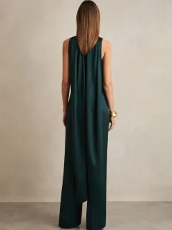 Vert bleu sarcelle - Combinaison Cape Reiss Farah en satin à ceinture