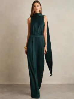 Vert bleu sarcelle - Combinaison Cape Reiss Farah en satin à ceinture