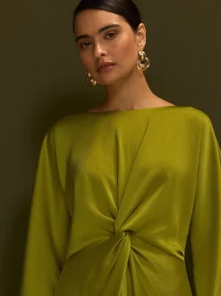 Vert citron - Robe longue en satin à manches longues torsadée sur le devant