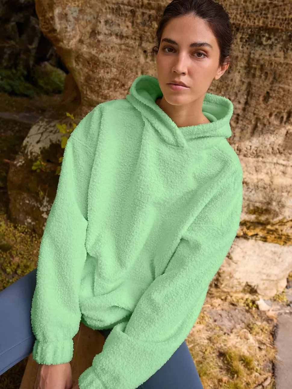 Vert citron - Sweat-shirt à capuche doux Borg à manches longues