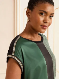 Vert et Noir Avec ornements de poignets en Satin sur le devant - Haut Love & Roses en satin à manches courtes et col en V