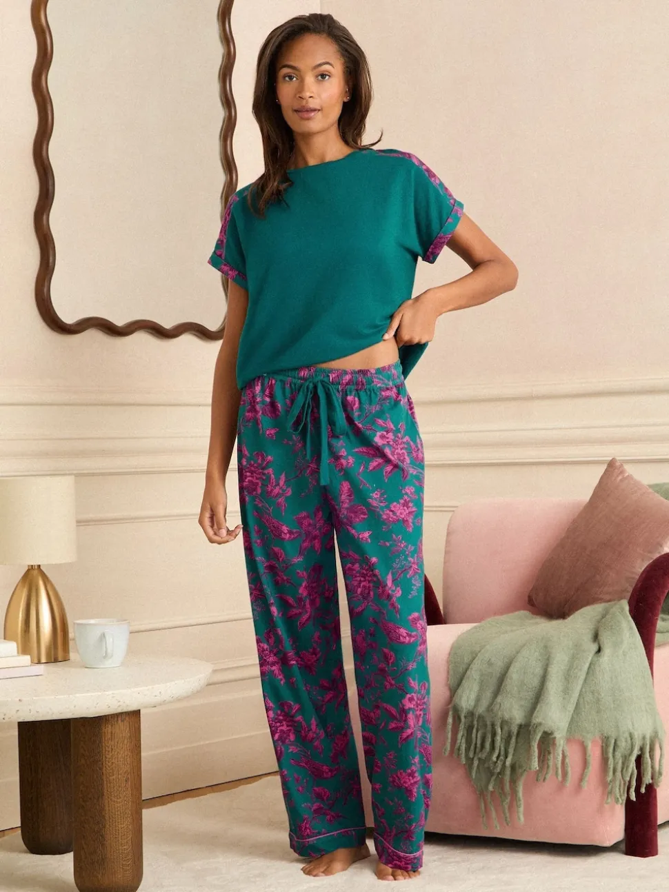Vert et Rose Floral - Love & Roses Ensemble Pyjamas en jersey imprimé à Manches courtes