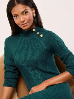 vert foncé - Lipsy robe courte douillette boutonnée en maille torsadée à col roulé