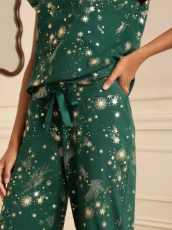 Vert forêt - Love & Roses pyjama de Noël à manches courtes en feuille dorée