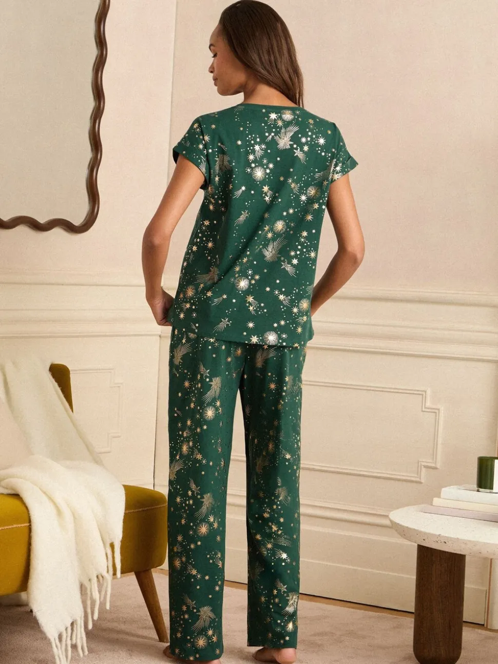 Vert forêt - Love & Roses pyjama de Noël à manches courtes en feuille dorée