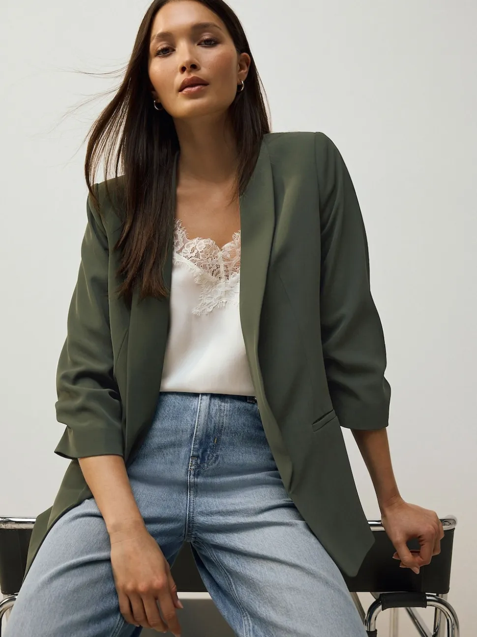 Vert kaki - Blazer décontracté à manches froncées
