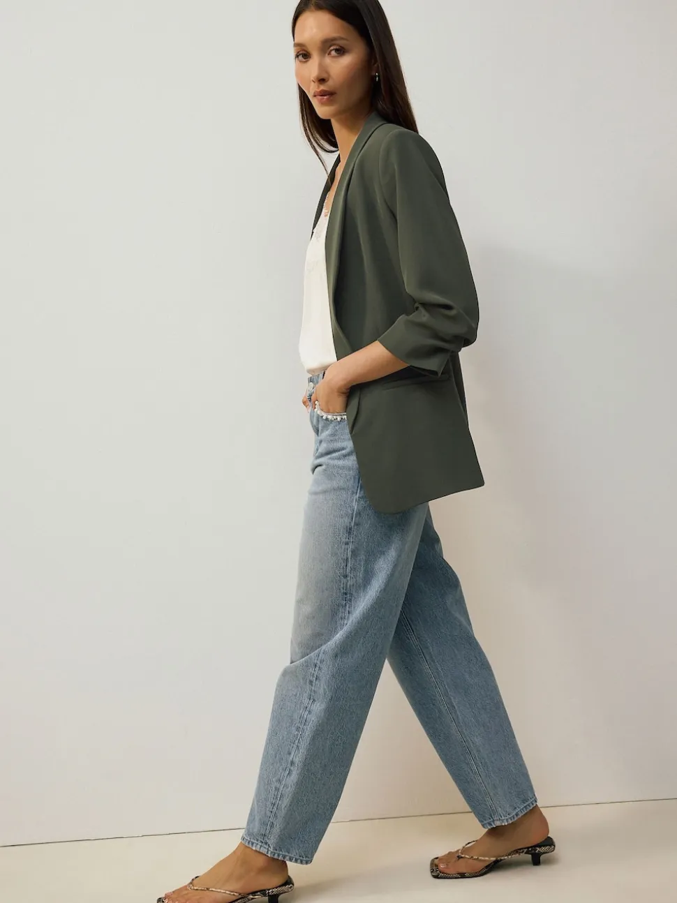 Vert kaki - Blazer décontracté à manches froncées