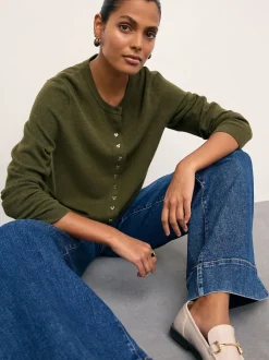 Vert kaki - Cardigan ajusté ultra-doux à col rond en laine