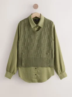 Vert kaki - Couche de chemise débardeur en maille avec boutons