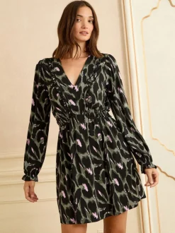 Vert kaki à imprimé animal - Love & Roses Robe Courte Col en V