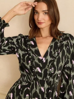 Vert kaki à imprimé animal - Love & Roses Robe Courte Col en V