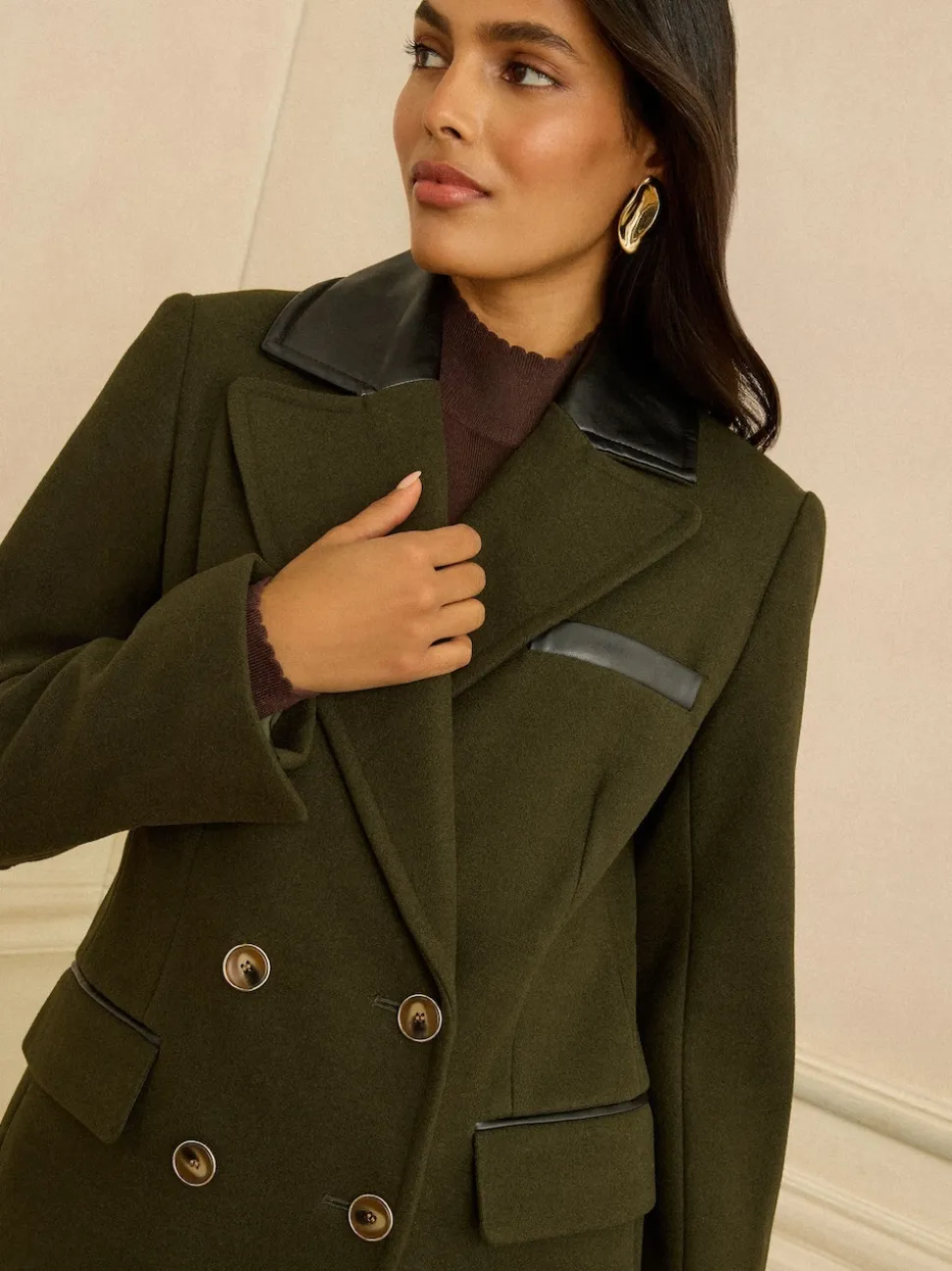 Vert kaki - Love & Roses Manteau long à double boutonnage avec col en similicuir en PU